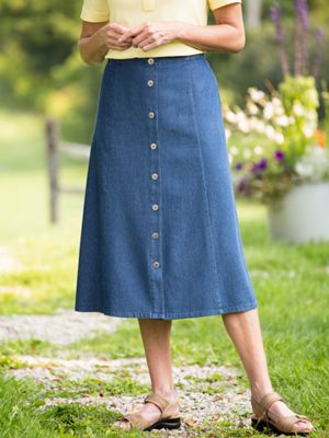 Gored Denim Skirt with Button Front